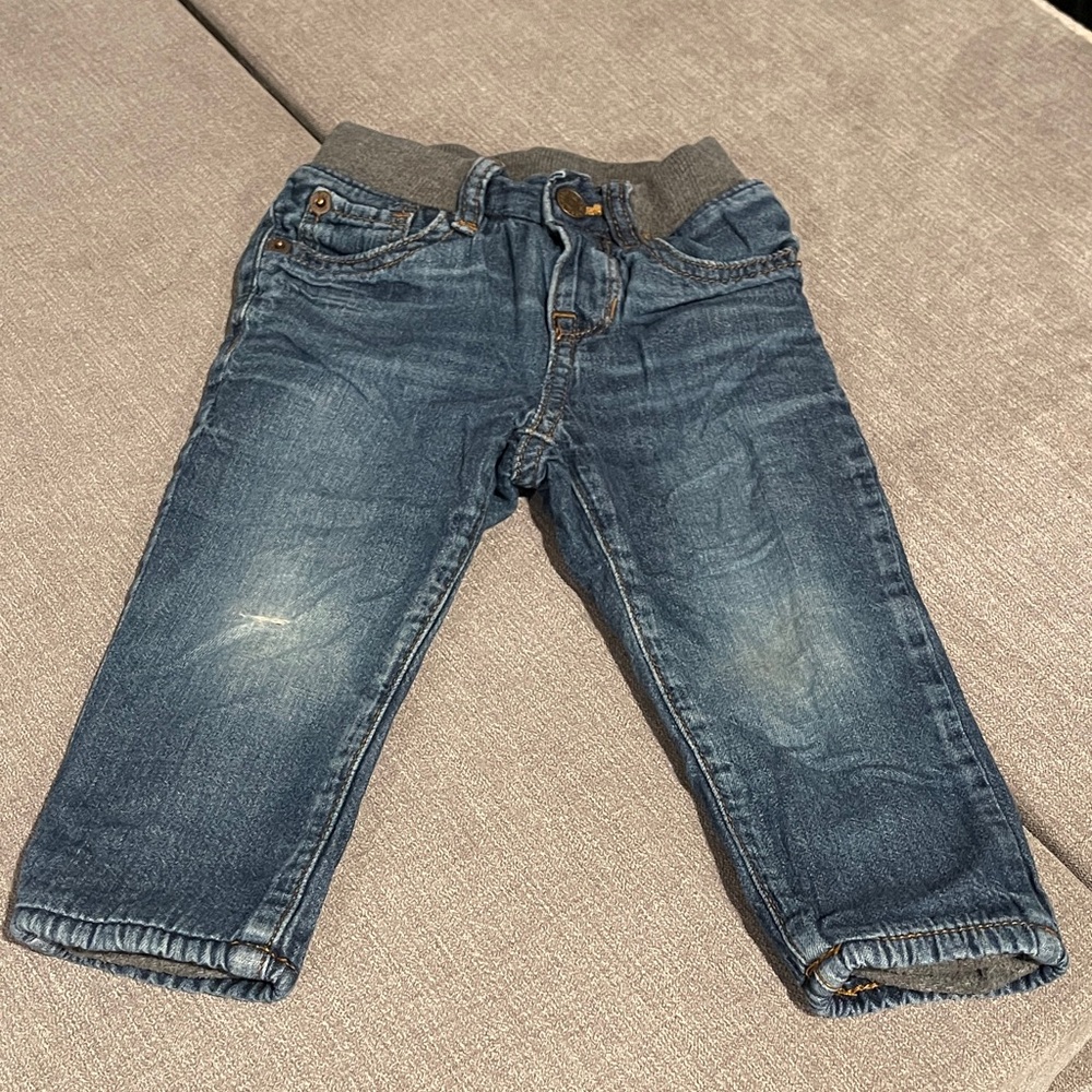 GAP Kids Blue Fleece Lined Denim Jeans with Gray Waistband